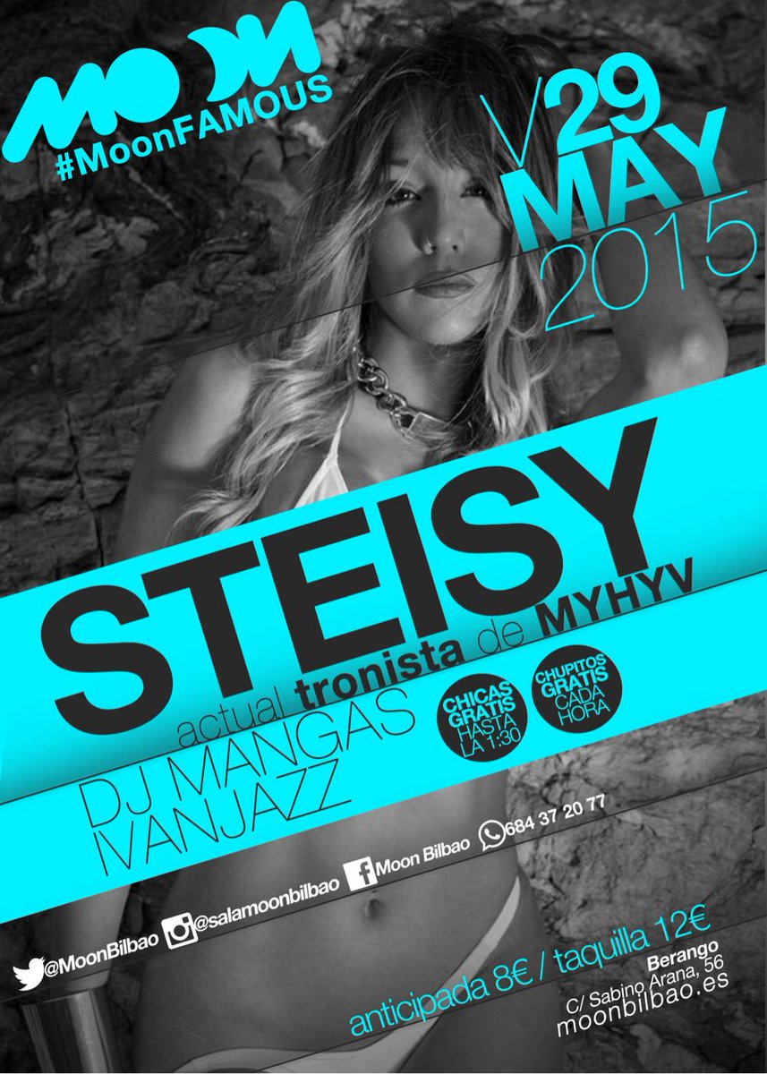 MoonBilbao's tweet photo. ¡No olvidéis que esta noche estaremos con @patricia_steisy en nuestra #MoonFamous! ¡Chicas gratis hasta las 01.30h! http://t.co/2Cncdr2b15