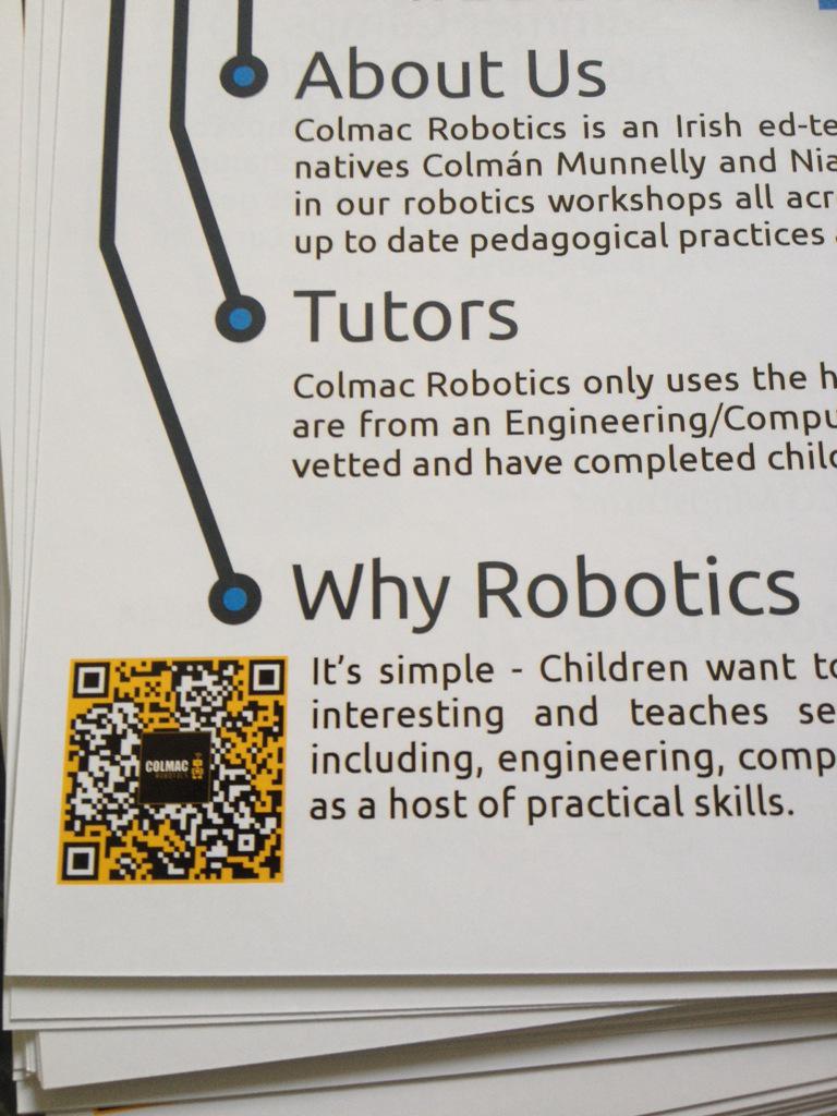 colmacrobotics's tweet photo. New fliers have arrived! Thanks to @codacast for the very eye catching QR code! :) http://t.co/6nvvSbdpKe