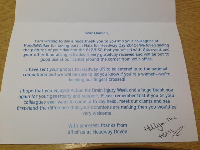 Rundlewalker's tweet image. A lovely Friday afternoon surprise with a visit from @HeadwayDevon and a lovely thank you card.