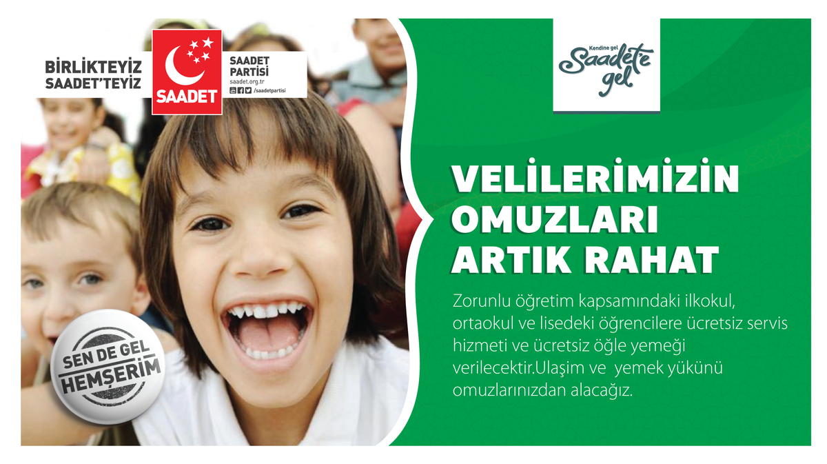 SaadetPartisi's tweet photo. VELİLERİMİZİN OMUZLARI ARTIK RAHAT
Öğrencilerimize ücretsiz servis hizmeti ve ücretsiz öğle yemeği verilecektir. http://t.co/pHubvjkNHi