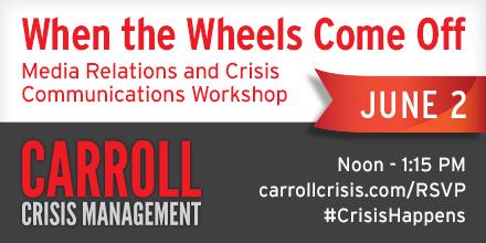 CarrollStratPR's tweet photo. #CrisisHappens | When the Wheels Come Off | Media Relations &amp; Crisis Communications | June 2 | http://t.co/AwtMXPWFBI http://t.co/2H44iqfyAC