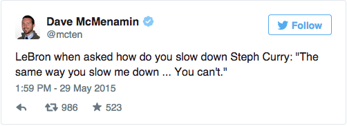 FanDuel's tweet photo. LeBron was honest after being asked how the #Cavs can stop Steph Curry: https://t.co/YbVVMqmZe0

#NBAFinals #ALLinCLE http://t.co/eDftBVuWX6