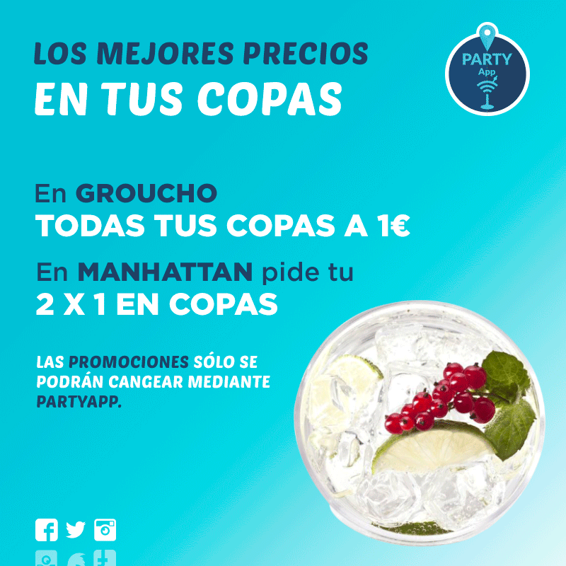 _PartyApp's tweet image. Hoy te ofrecemos dos opciones. Por un lado en Groucho, COPAS a 1€ o Manhattan con promociones de 2 x 1 en COPAS