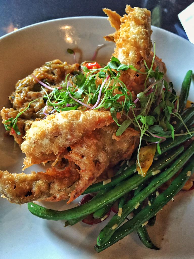 Crawfish and eggplant stuffed soft shell crab with ginger sauce. <a href="/CityPork2/">City Pork Brasserie & Bar</a> <a href="/GastreauxNomica/">Gastreauxnomica</a> #BOOM #crab