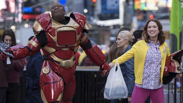 someecards's tweet photo. This girl dressed as 'Unbreakable Kimmy Schmidt' to confuse Iron Man fans at a comic con. http://t.co/dLI2ugnujg http://t.co/LJh6WmlCSl