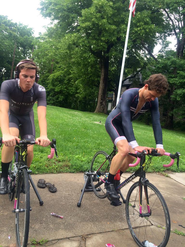fwctracing's tweet photo. @fwctracing: John Frey and Jeremiah Grell warming up for some Friday night racing @TourofKC #fwctracing #PaintItPink http://t.co/RBm2ZSZK4I