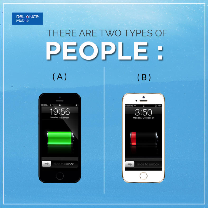 RelianceMobile's tweet image. Is your #powerbank your best friend or is your #phone always high on battery? #TwoTypes