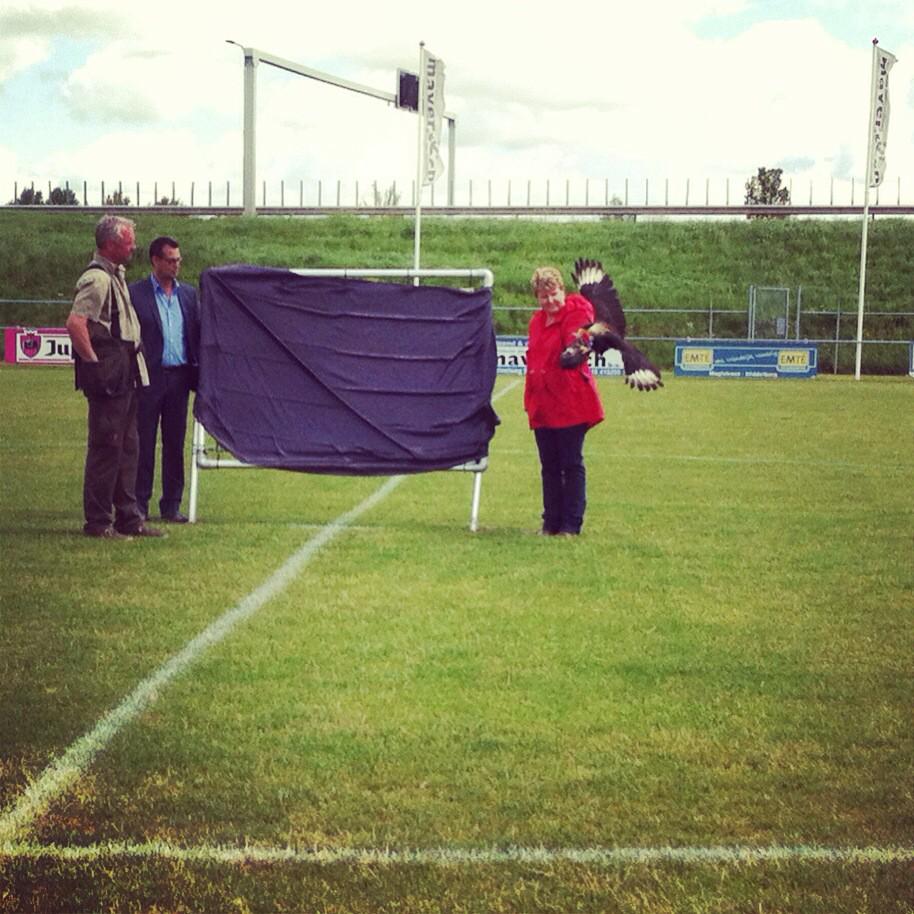 Wethouder <a href="/SaskiaSzarafins/">Saskia Szarafinski</a> opent het wijkfeest in Dauwendaele mbv roofvogel #sprankelendDauwendaele #slogan