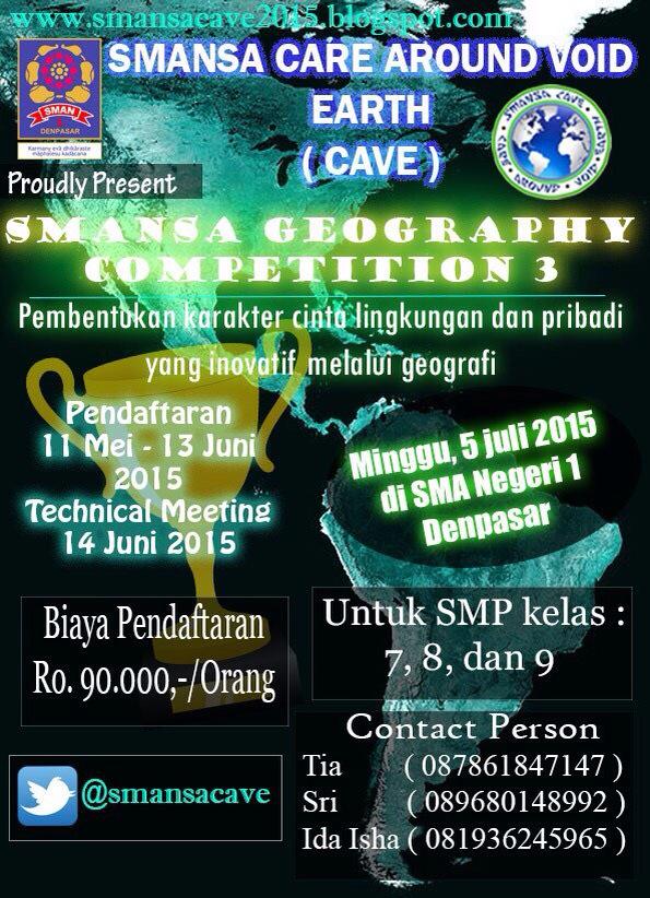 smansacave's tweet photo. @infolomba_indo hai adik2 SMP se-Bali yuk ikuti Smansa Geography Competition 3 di SMAN 1 Dps!Lets challenge yourself🏆 http://t.co/WbT69Csf6D