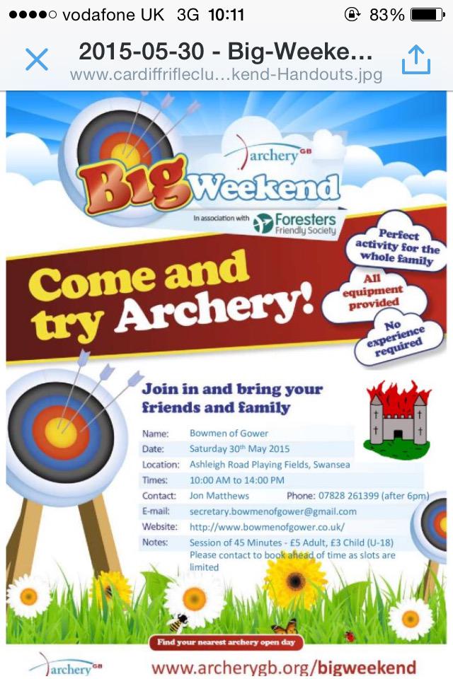 BowmenOfGower's tweet photo. Give archery a go! Come down to Ashleigh Road and have a go! No need to book! @SwansOfficial http://t.co/U7C0fDSoOd