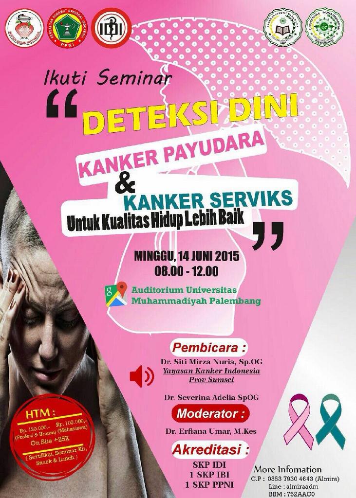 @UKBPalembang Yuk ikuti seminar "Deteksi dini kanker payudara dan serviks" Minggu 14 Juni'15 di Auditorium UMP