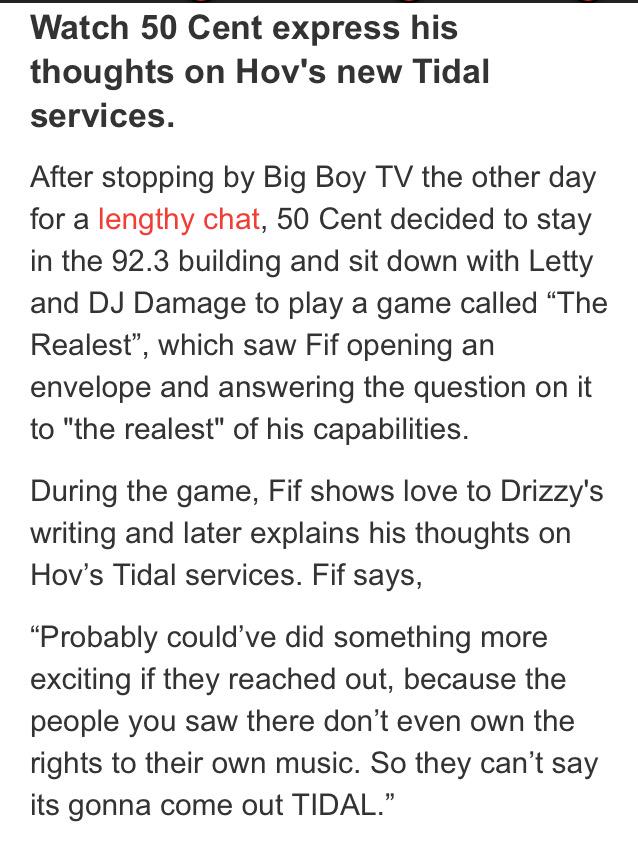 Alsina_hat's tweet photo. @50cent says #Tidal can't be exclusive the Artists don't own their music. #TidalFacts [Link]
http://t.co/bVcAHldUJI http://t.co/e9YwBAW1lX