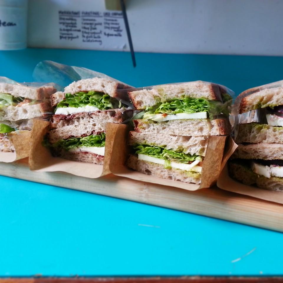 Salad leaves from <a href="/farmlondon/">FARM:shop</a>, sourdough from <a href="/thedustyknuckle/">Dusty Knuckle Bakery</a>, our sandwiches are #Dalston born and "bread"!