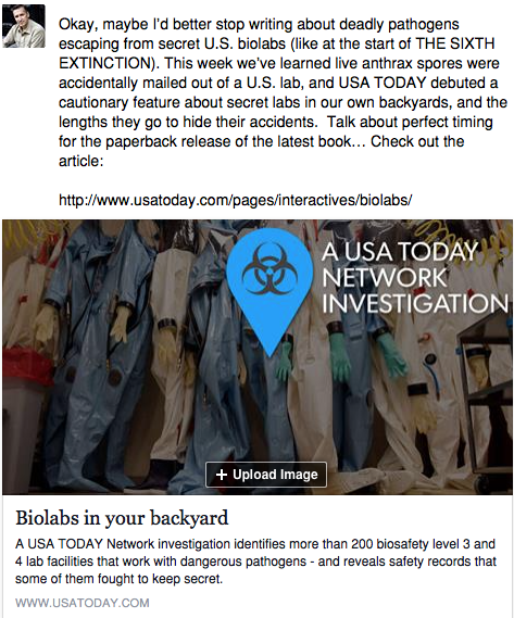 jamesrollins's tweet photo. Deadly pathogens escaping from secret U.S. biolabs (like at the start of #The6thExtinction)
http://t.co/S6lYVgLSwl http://t.co/19AQt475nt