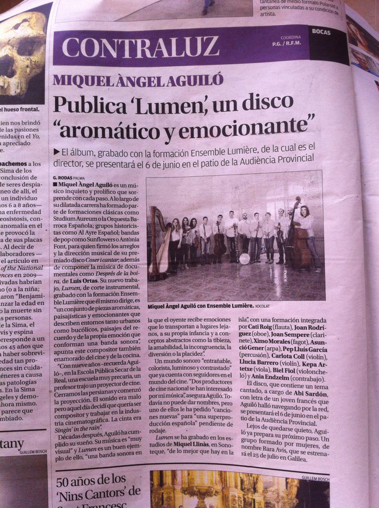 CaterinaUT's tweet photo. 'Lumen', el disc que Miquel Àngel Aguiló ha gravat amb @EnsembLumiere se presentarà dia 6 de juny, @diariomallorca http://t.co/XPIxFTBqEz