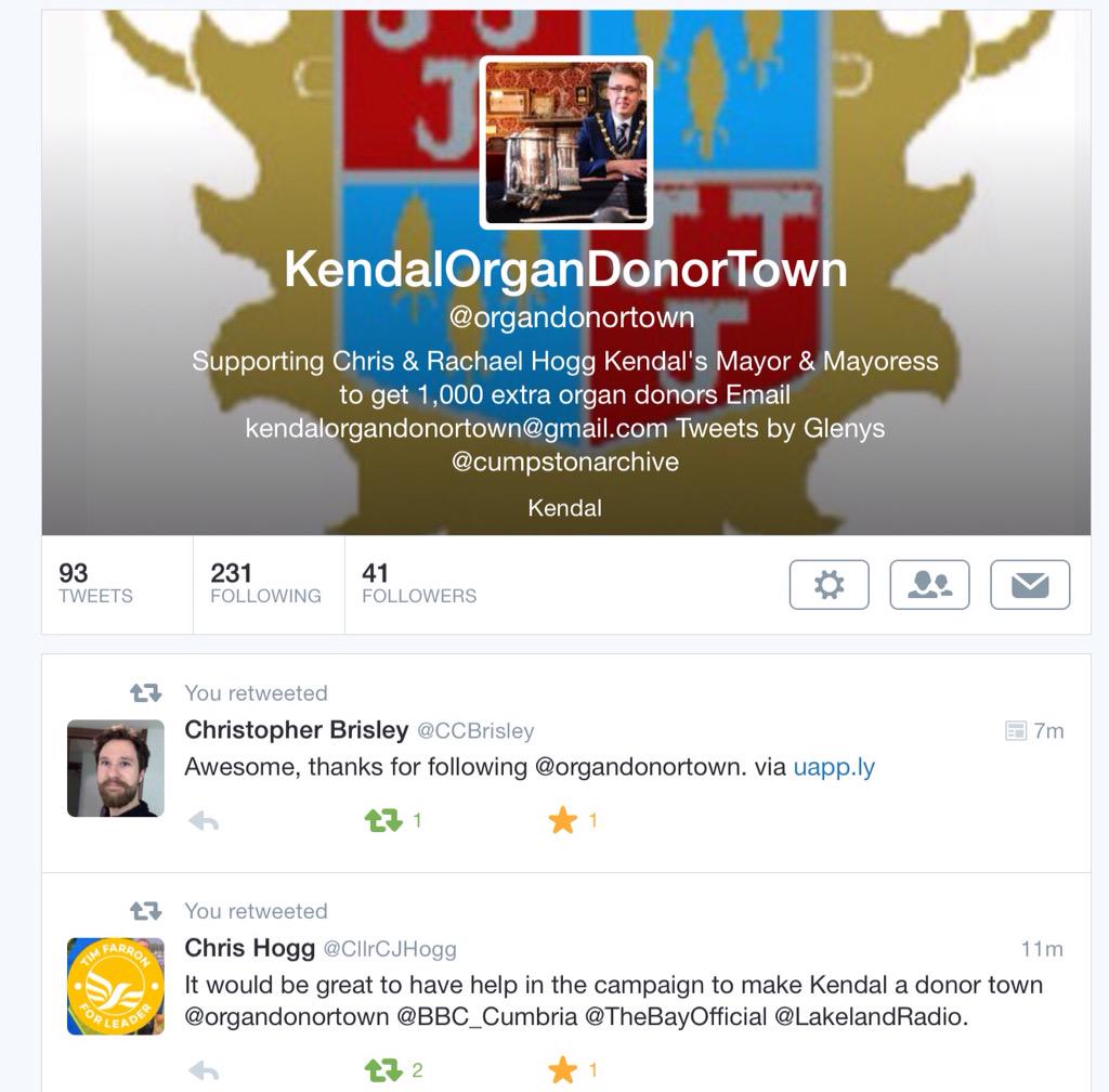 Less than 1 day old &amp; already 41 followers. Can we make it 100 today? Please RT and help make #Kendal #organdonortown