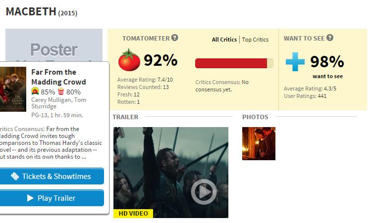 마이클 패스벤더, 마리옹 꼬띠아르 영화 <맥베스>. 로튼토마토 초반 지수가 잘 나왔네요. http://buff.ly/1HUSKNUTranslate post