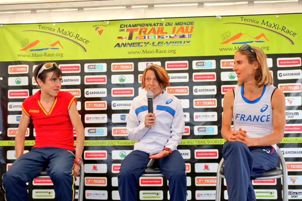 Nathalie Mauclair addressing the #IAUTrail press conference along with Maite Maiora and Caroline Chaverot.
