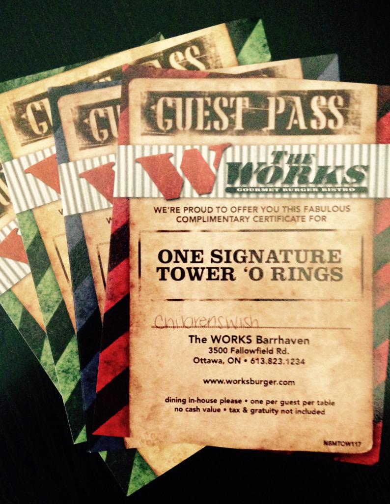 catchAwish15's tweet image. Win these coupons to @WORKSBURGER THE WORKS in Barrhaven! @ Dream Catcher's Wish! June 20th @RestaurantInt !!
