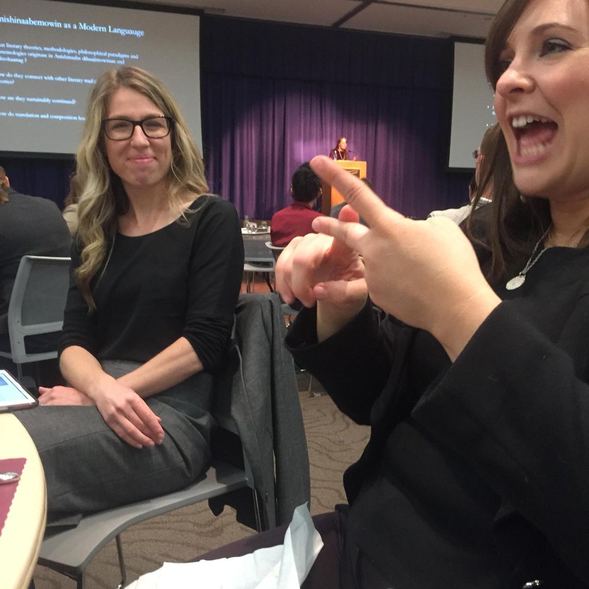 selfe2's tweet image. The best seat at lunch--watching signers *and* listening to Noodin teach us Anishinaabe language &amp;amp; culture. #cwcon