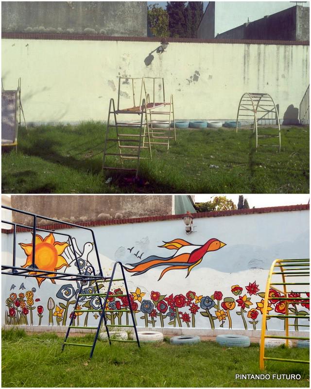 PintandoFuturo's tweet photo. El antes y después #Mural escuela Hudson sobre #MemoriaVerdadYJusticia Nace una flor, todos los días sale el sol... http://t.co/22myK7Vuav