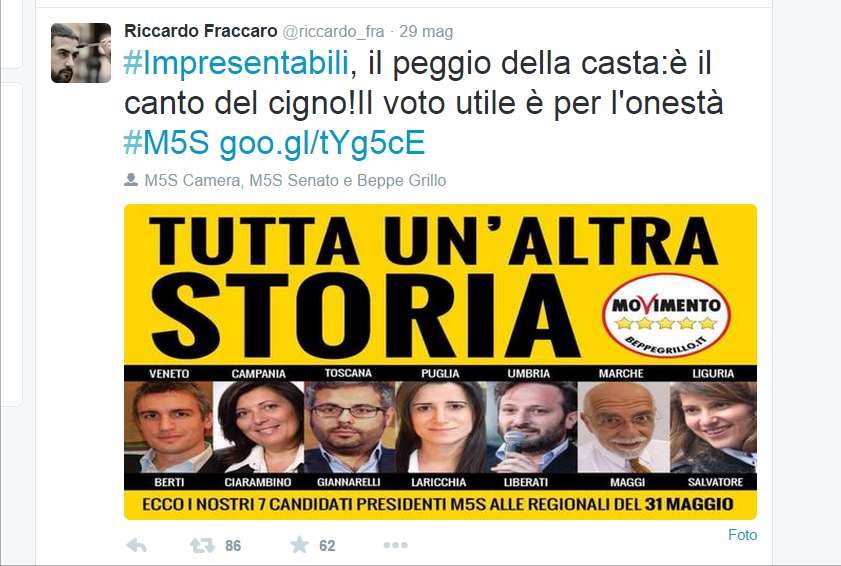 Giulianoebasta's tweet photo. Un altra storia
basta poco
bastano 5 stelle
persone #presentabili
oneste capaci
per cambiare la vostra Regione http://t.co/qz1yuXflTs
