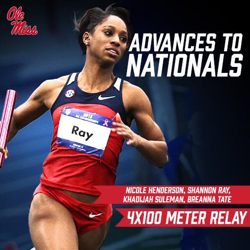 OleMissTrack's tweet image. Women's 4x100m relay is heading to Eugene! 5th-best time of 43.89. #HottyToddy #NCAATF