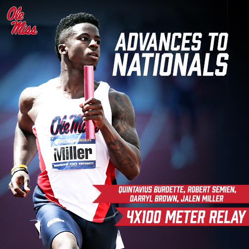 OleMissTrack's tweet image. Men follow women and qualify for Nationals in the 4x100m relay! 3rd in heat in 39.65. #HottyToddy #NCAATF