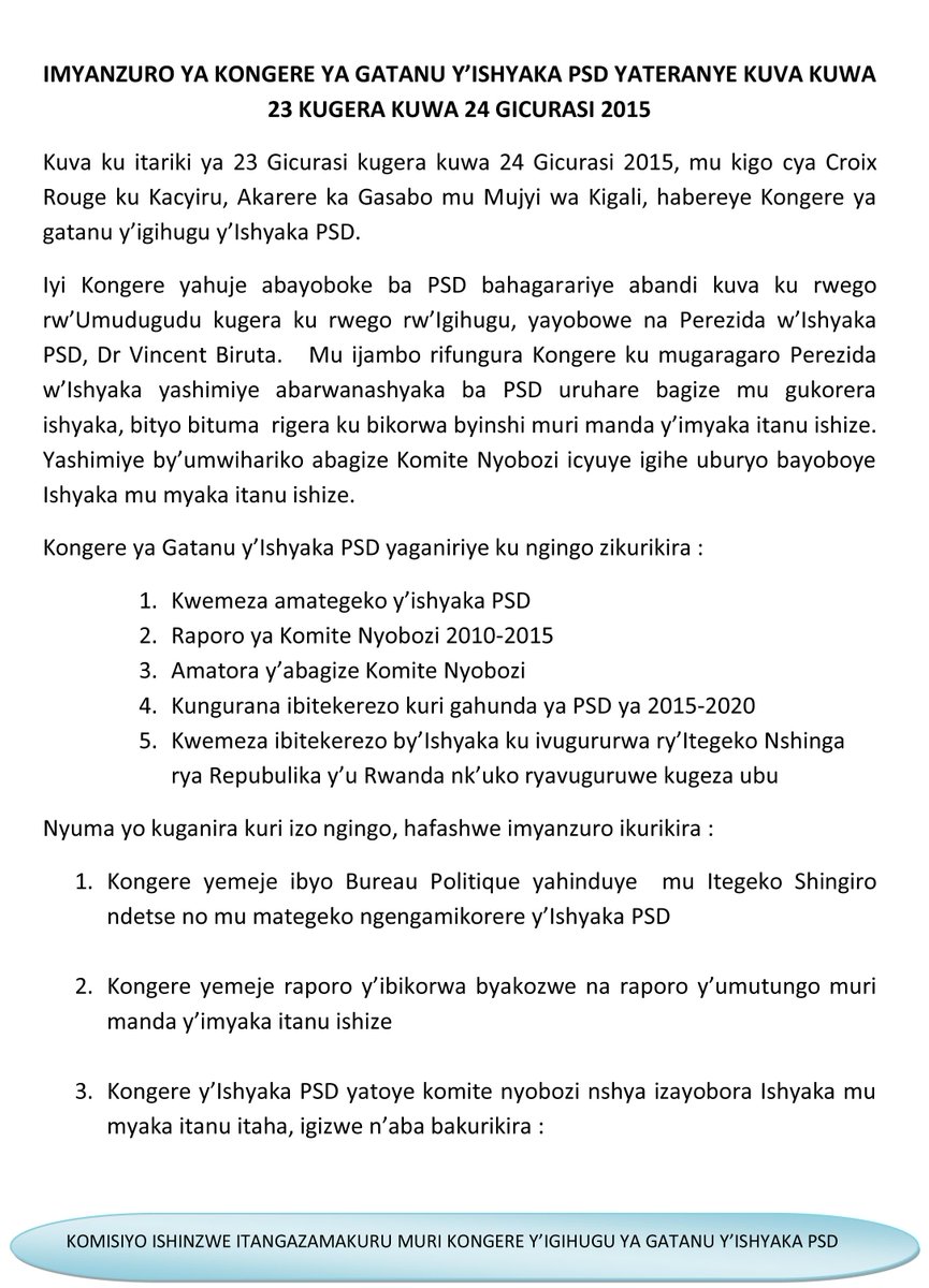 PSD_Rwanda's tweet photo. Ibyemezo bya kongere ya 5 ya PSD http://t.co/PuIvnAE0Ha
