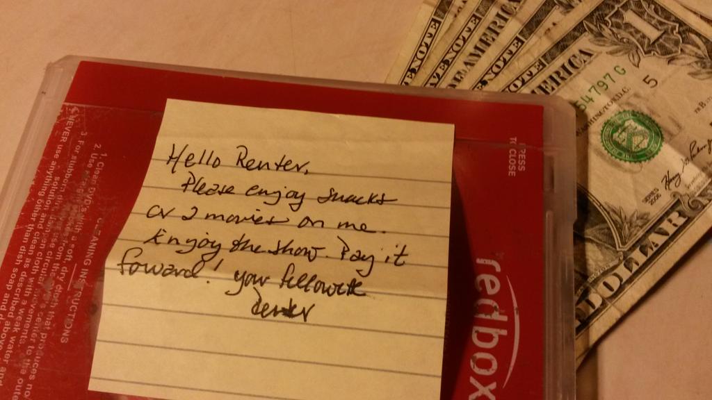 MonteithPatti's tweet photo. Scott picked up movies at Redbox....what a nice surprise #PayItForward http://t.co/Wt7g52TMI0