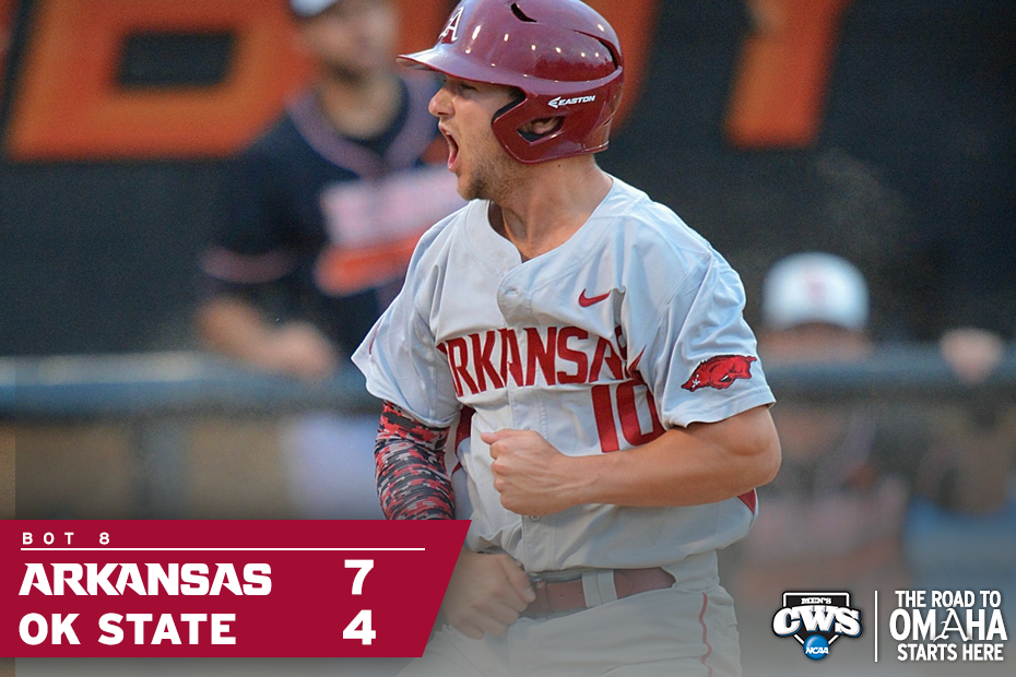 RazorbackBSB's tweet photo. Just how we drew it up, a FIVE-RUN 8TH INNING. These guys are rock stars.

#BeatOKState 
#OmaHogs 
#RallyHogs http://t.co/QaFkzUdeZC