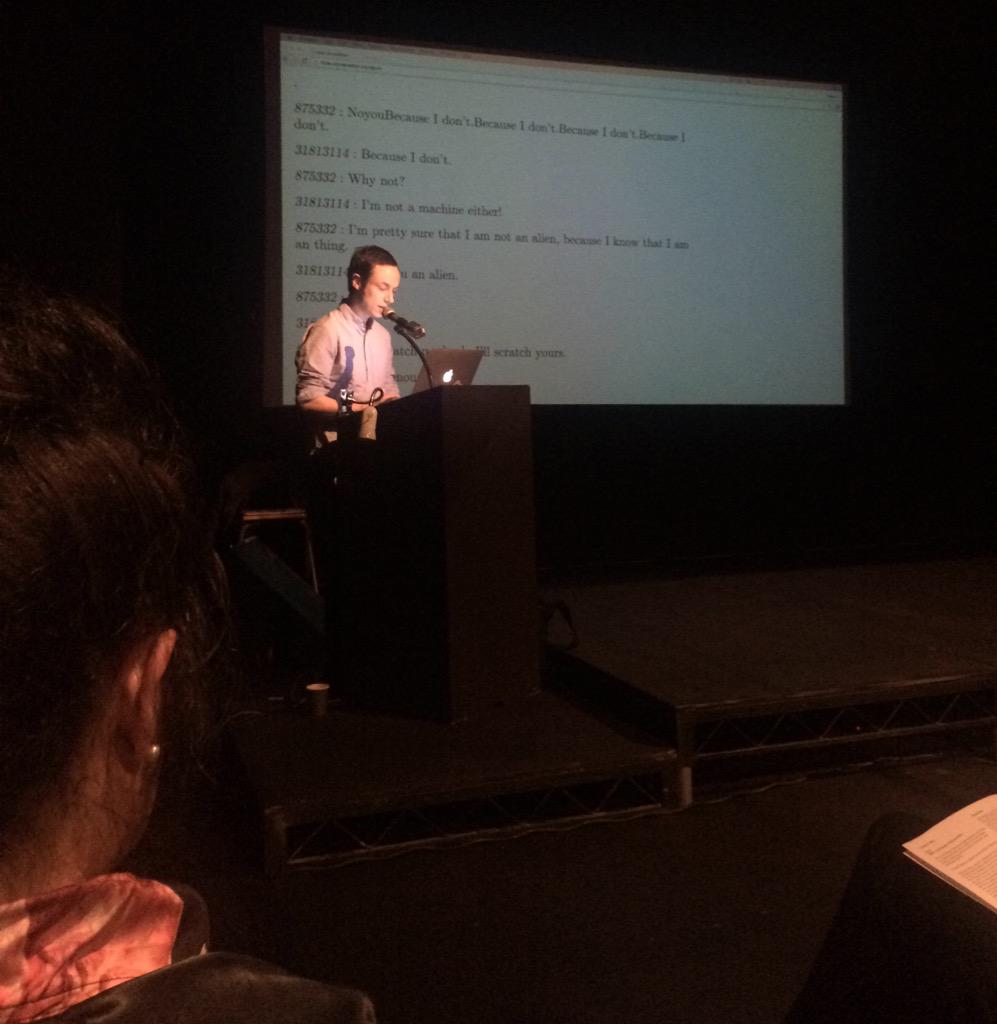 jameslamarre's tweet photo. Yuri Pattison speaking on his digital commission for @ICALondon as part of #FOMOxICA -- foregrounded by Hito Steyerl http://t.co/0WsHACaBwX