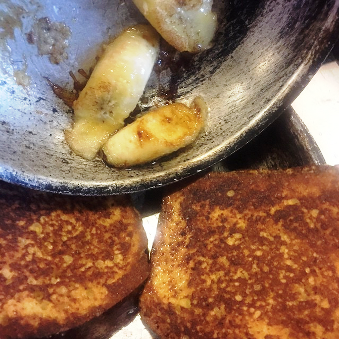 Sunday French Toast in-the-making...with roasted island bananas and allspice leaf dipped in pure maple.  #GlutenFree