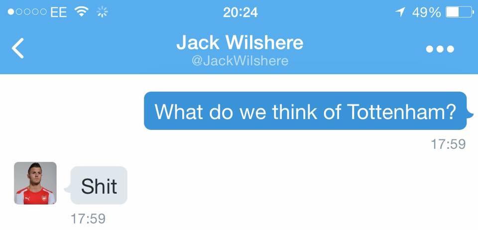 TNLdotcom's tweet photo. Jack Wilshere endearing himself further to the Tottenham fans http://t.co/TvwMuruwd1