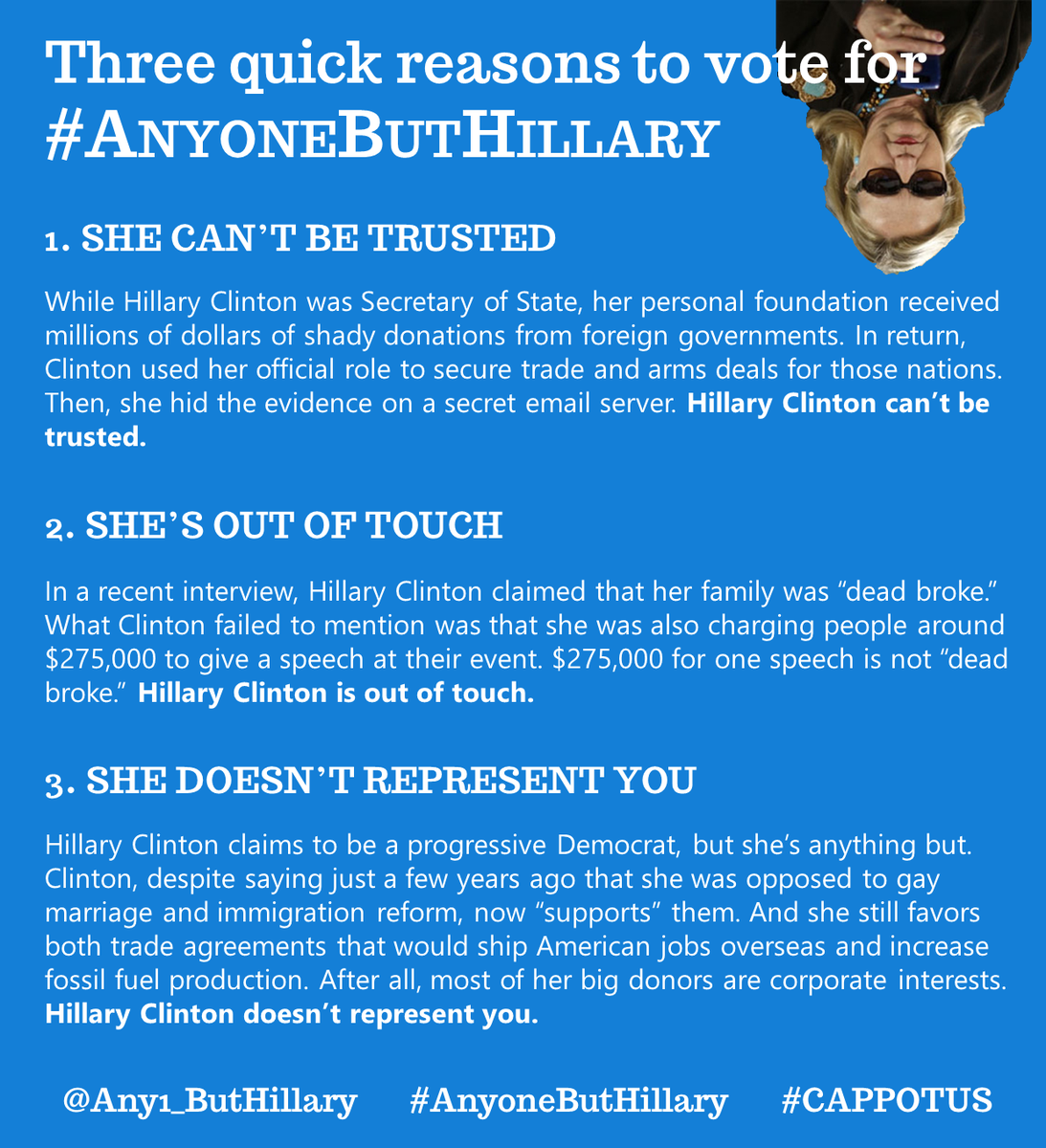 Any1_ButHillary's tweet photo. Here's three quick reasons to vote for #AnyoneButHillary. @CAPHillary2015 #CAPPOTUS http://t.co/XToa4zBssc