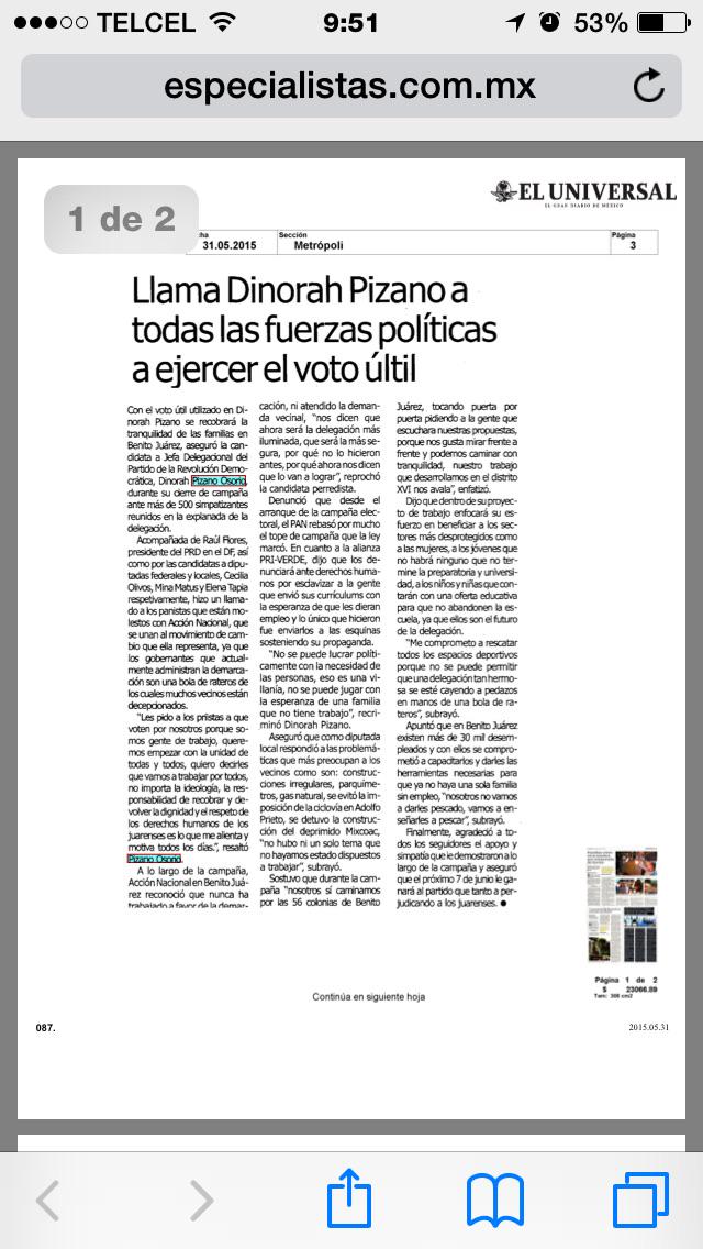 Dinorah_Pizano's tweet photo. El Universal retoma mi llamado o priístas, panistas y todas las fuerzas políticas a que nos apoyen con #VotoÚtil http://t.co/LwM794ETI5