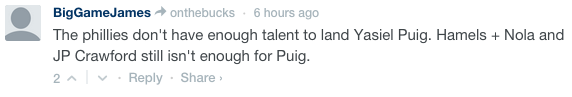 BadMLB's tweet image. Cole Hamels, Aaron Nola and J.P. Crawford for Yasiel Puig, and the #Dodgers say no. #Phillies