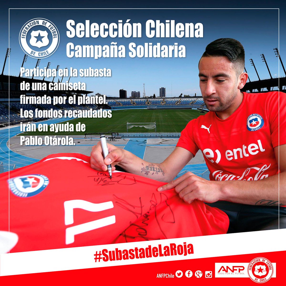 LaRoja's tweet photo. ¡Participa en la #SubastaDeLaRoja y ayudemos a Pablo Otárola! Te puedes quedar con esta camiseta firmada #FuerzaPablo http://t.co/XfkIJsnNBM