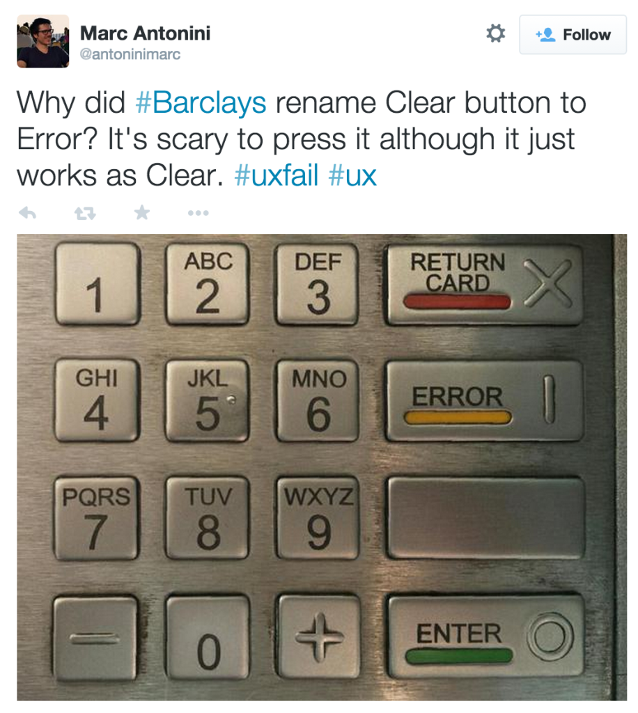 uxepicfails's tweet photo. Why did #Barclays rename Clear button to Error? - http://t.co/LHhYL2zhR9 via @antoninimarc http://t.co/SFmbFBmLUb