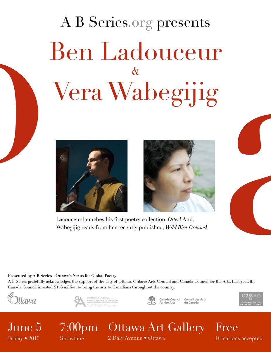abseries's tweet photo. LADOUCEUR &amp; WABEGIJIG happening Friday http://t.co/6H7zj79nf5 @OttawaArtG w #Ottawa launch for Otter @coachhousebooks http://t.co/85UxHBV0ED