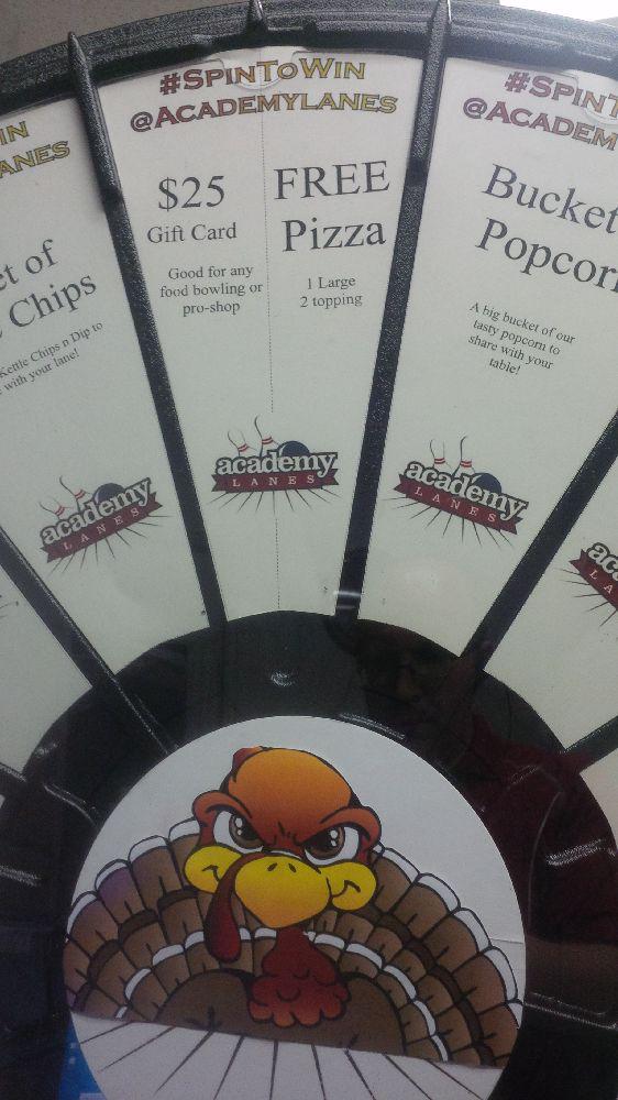 academylanes's tweet photo. It starts tonight! Throw a turkey (3 strikes in a row) and spin the wheel to win a prize! #AngryTurkey #Spin2Win http://t.co/FOPDil1Nwr