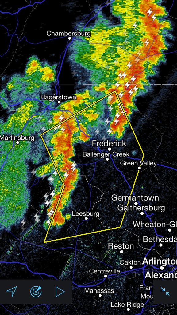 capitalweather's tweet image. Very large severe thunderstorm warning that includes Leesburg and Frederick until 10:30pm. Expect strong winds.
