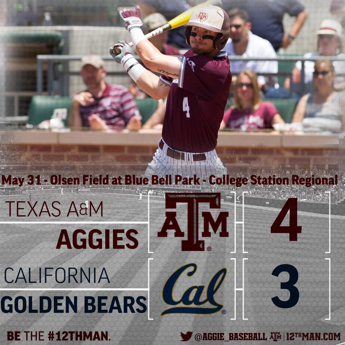 AggieBaseball's tweet photo. Aggies battle their way to a 4-3 win over Cal! #ShareTheWin #12thMan http://t.co/aUEO6MK01p