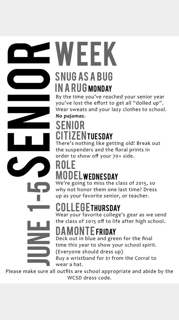 DRHS_Compliment's tweet photo. In recognition of the seniors leaving us, dress up next week for senior spirit week to end the year great! 🆒 http://t.co/i2nozv1yU5