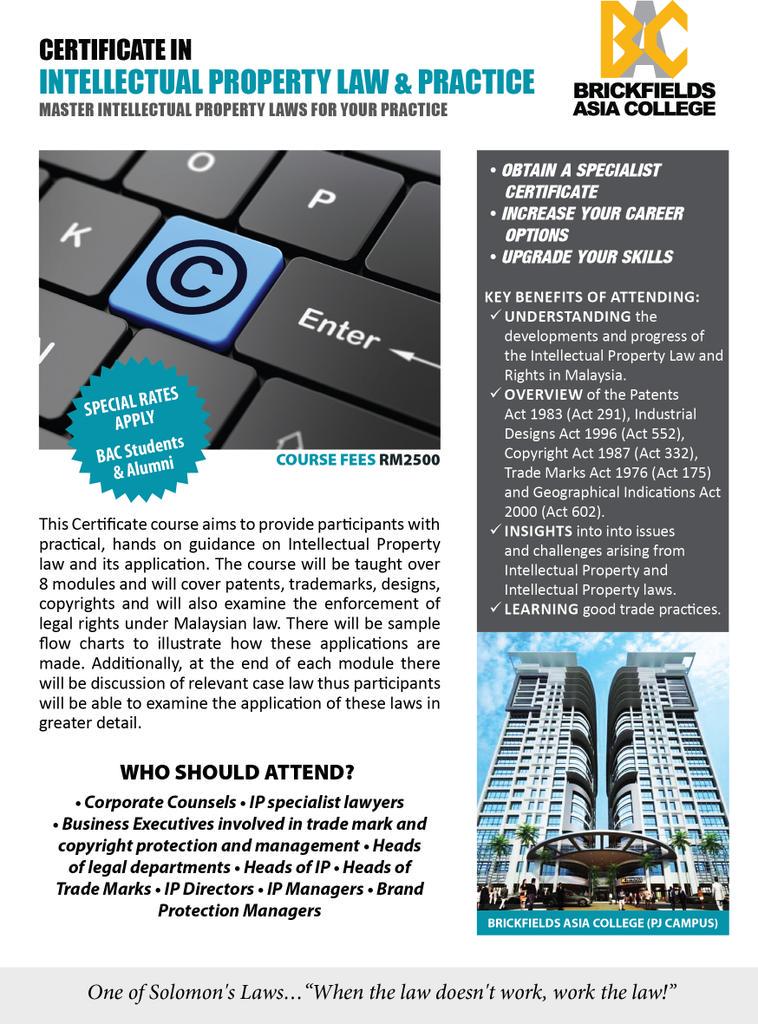 BACCollege's tweet photo. Take the Intellectual Property Law & Practice to compliment your degree! #BrickfieldsAsiaCollege #ProfessionalPlus http://t.co/tS1CDOAXAM