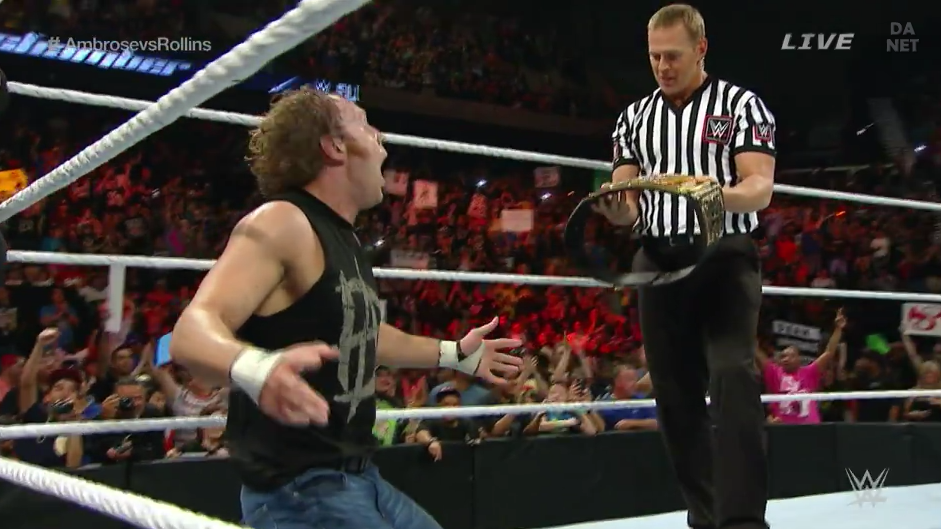 JonMoxleyDotNet's tweet image. Dean hits Rollins with the Dirty Deeds.. and wins! Your New Champion!.. or.. #WWEChamber