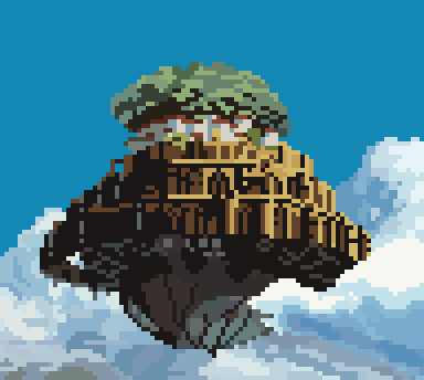 _Gabrielfer's tweet photo. My first try at @art_challenges with #pixelart!! For the theme #HouseInTheSky, why not a Castle in the Sky? #Miyazaki http://t.co/TLjTw7UNrs
