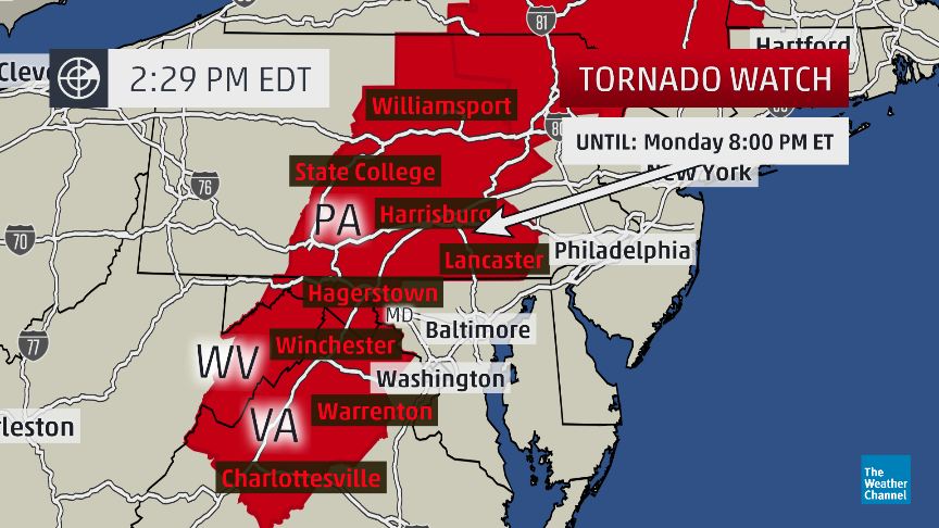 weatherchannel's tweet image. JUST IN: #Tornado watch until 8pm EDT for parts of PA, MD, WV and VA.