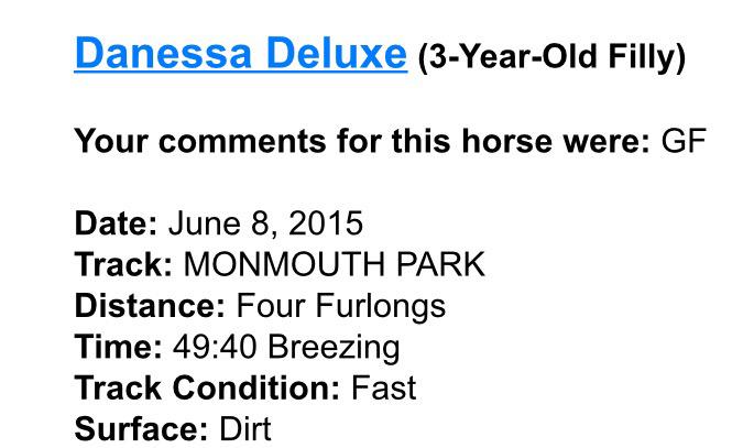 Our filly Danessa Deluxe (Summer Bird) placed in the #BlackEyeSusan went for a very easy workout at <a href="/MonmouthPark/">Monmouth Park</a>