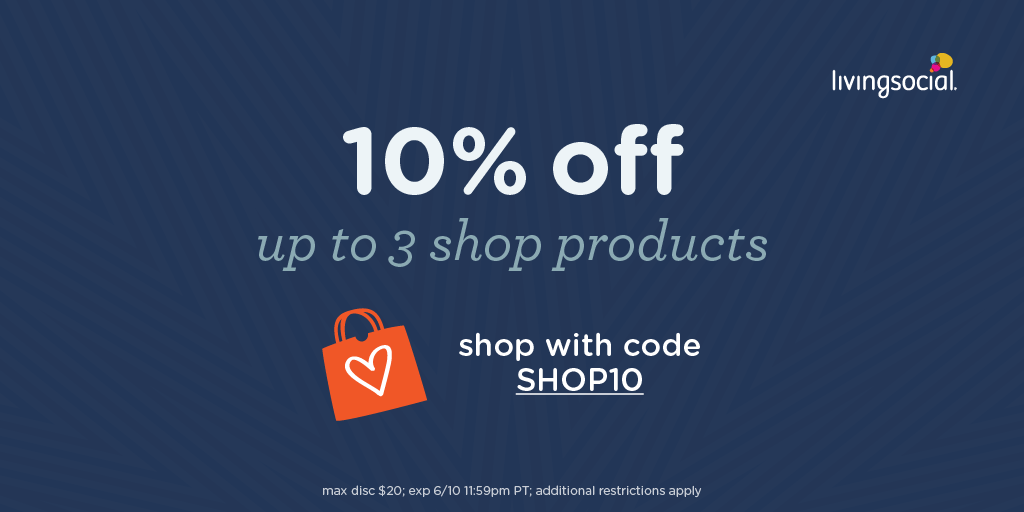 LivingSocial's tweet photo. Time to #shop our shop! Use #promo code #SHOP10 to get 10% off up to three products http://t.co/vJBzXlX1Tz http://t.co/kdt9RMri0x